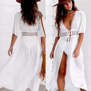 White sheer Cotton/blend Long crochet eyelet lace swim dress coverup tie waist